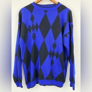 Vintage Sakura Sport size Medium Blue Black Argyle Pullover Sweater